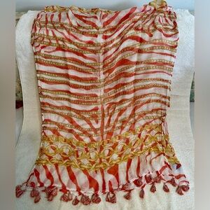 J.McLaughlin Orange Zebra Print Scarf Navy Blue Tassel Modal Cotton Wrap 76x36
